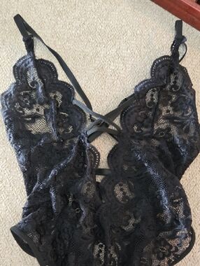 Black Lace Strappy Bodysuit - Women Tops